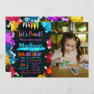 Let's Paint Art Birthday Party Black Photo Invitation
