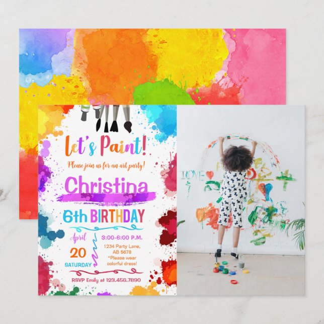 Let's Paint Art Birthday Party White Photo Invitation (Front/Back)