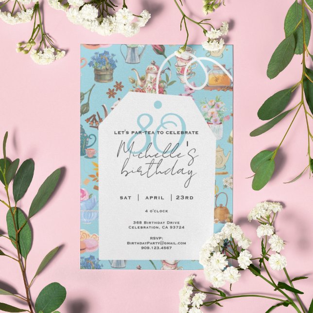 Let's Par Tea 80th Birthday Spring Floral Blue Invitation (Creator Uploaded)