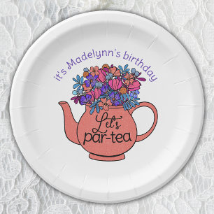 Let's Par-Tea Floral Teapot Girls Birthday Paper Plate
