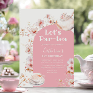 Let's Par-tea Pink Boho Floral Birthday Tea Party Invitation