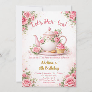 Let's Par-tea Pink Floral Teapot Girls Birthday Invitation