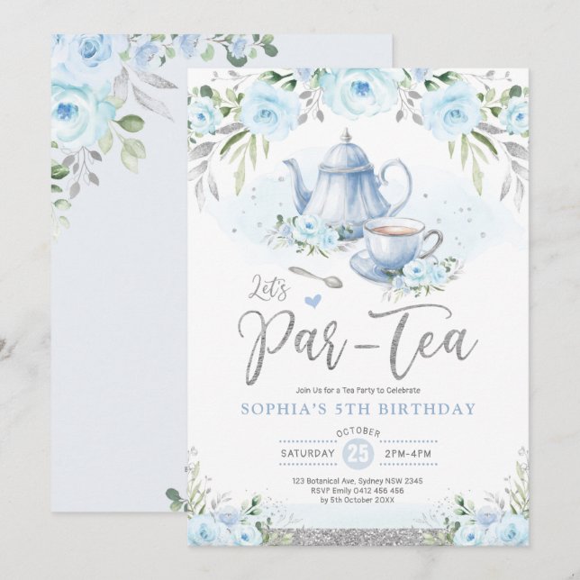 Let's Par-Tea Silver Baby Blue Birthday Tea Party Invitation (Front/Back)