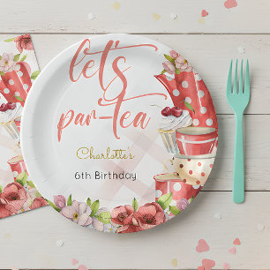 Let's par-tea, tea flowery birthday paper plate