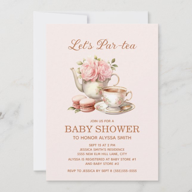 Let's Par-Tea Tea Party Pink Floral Baby Girl  Invitation (Front)