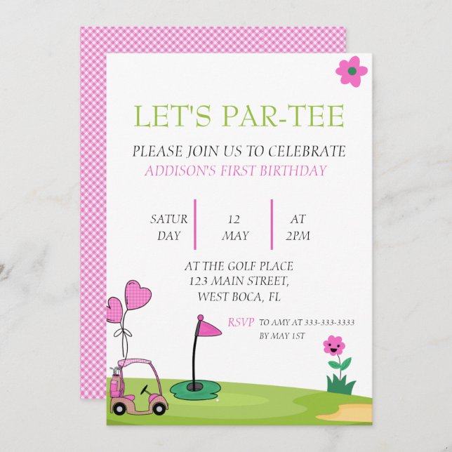 Let's par-tee 1st birthday party, golf birthday invitation (Front/Back)