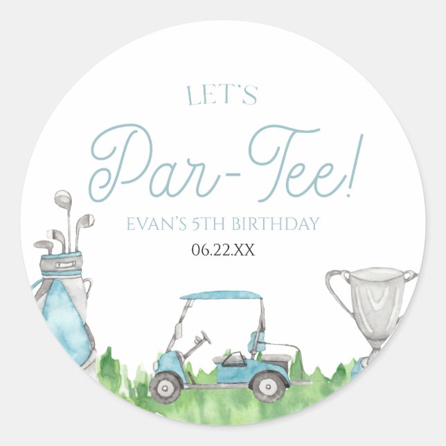 Let's Par-Tee Blue Golf Birthday Party Classic Round Sticker (Front)