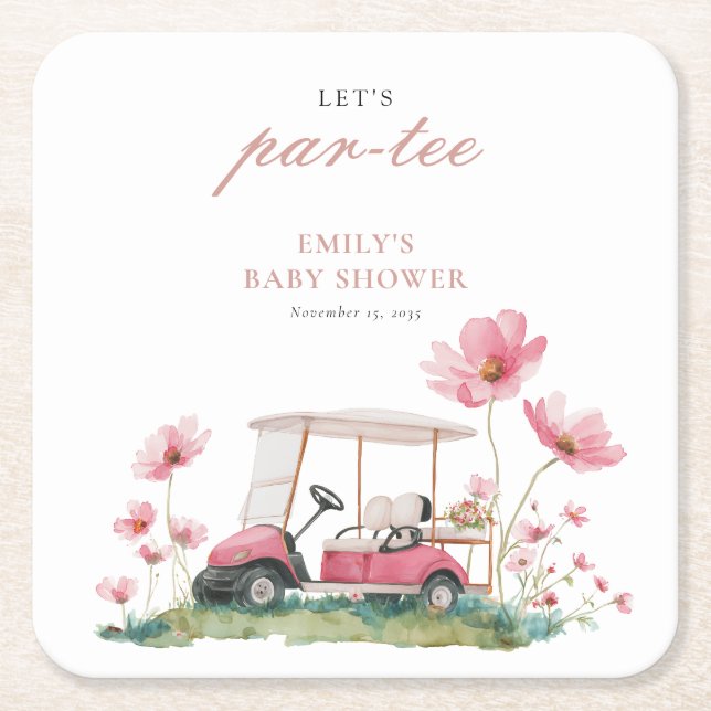 Let's Par-tee Golf Baby Shower Square Paper Coaster (Front)
