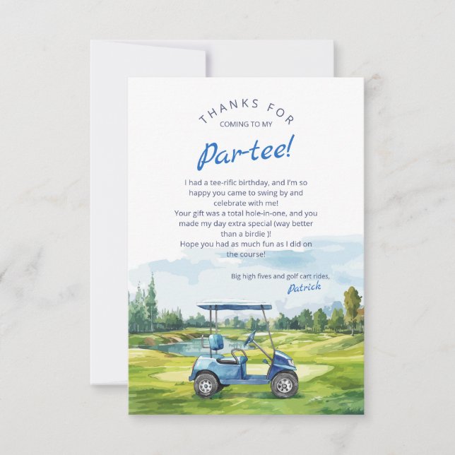 Let's Par-Tee Golf Birthday Blue Thank You Card (Front)