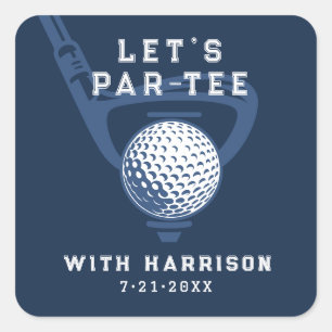 Let's Par-tee Golf Theme Birthday Navy Blue Square Sticker