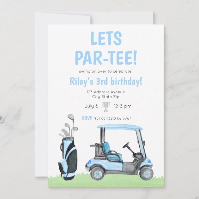 Lets Par-Tee Golf Themed Birthday Invitation Blue (Front)
