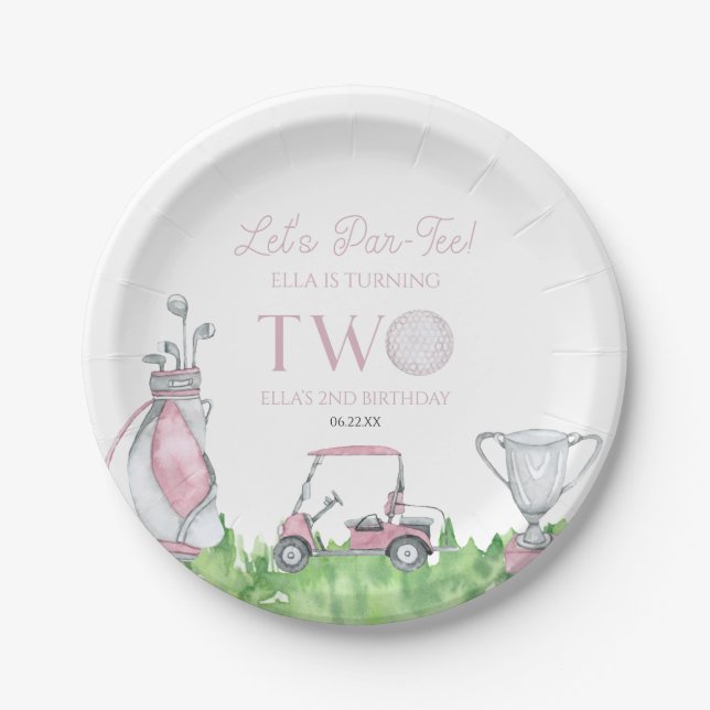 Let's Par-Tee Pink Golf 2nd Birthday Party Paper Plate (Front)