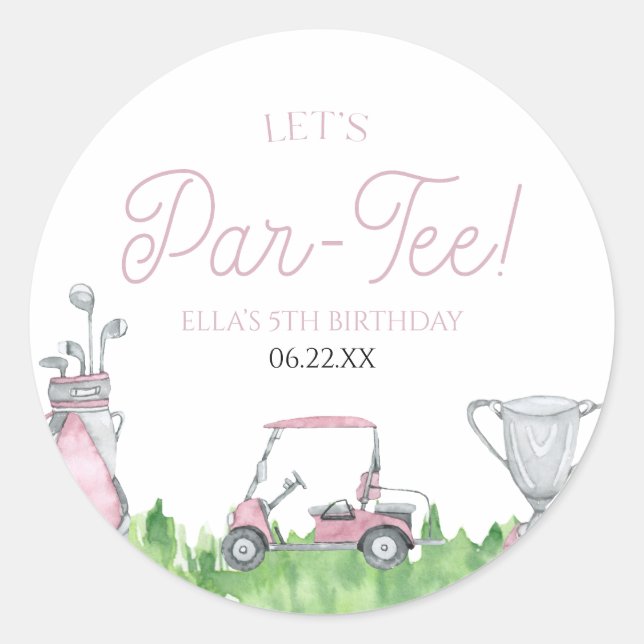 Let's Par-Tee Pink Golf Birthday Party Classic Round Sticker (Front)