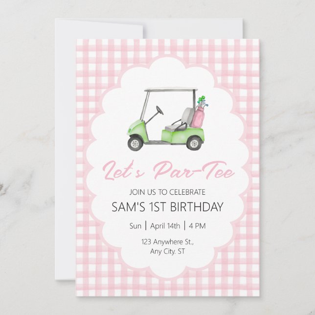 Let's Par - Tee Pink Golf Birthday Party Invitation (Front)
