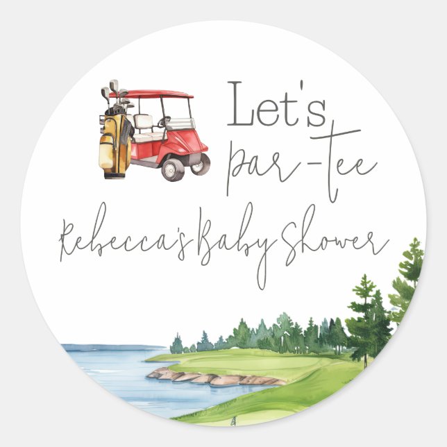 Let's Par Tee Red Cart Golf Baby Shower Party Classic Round Sticker (Front)