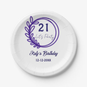 LETS PARTY 21ST birthday name PURPLE FLORAL CIRCLE Paper Plate