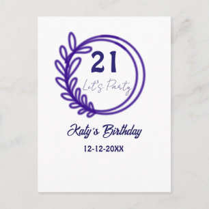 LETS PARTY 21ST birthday name PURPLE FLORAL CIRCLE Postcard