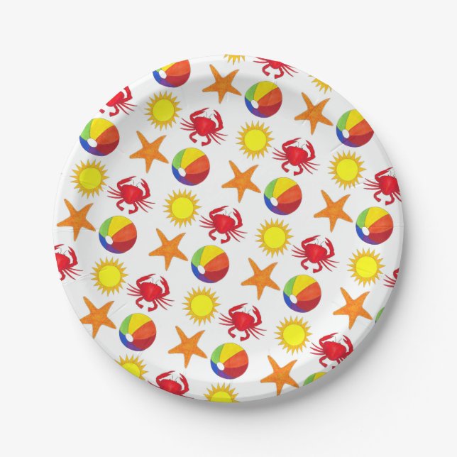 Let's Party! Beach Crab Starfish Beachball Sun Paper Plate (Front)