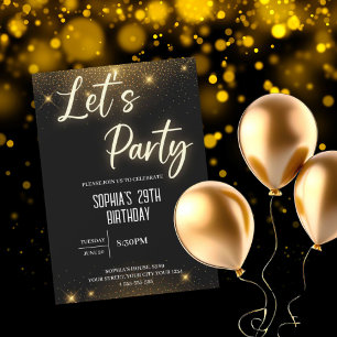 Let's Party Black and Gold Balloon Birthday  Invitation