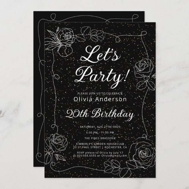 Let's Party Black and White Birthday Invitation (Front/Back)