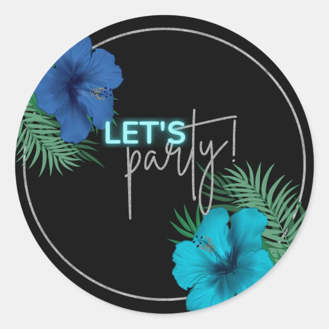 Let's Party Black Blue Neon Tropical 40th Birthday Classic Round Sticker (Front)
