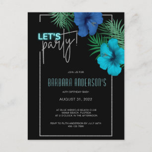 Let's Party Black Blue Neon Tropical 40th Birthday Invitation Postcard