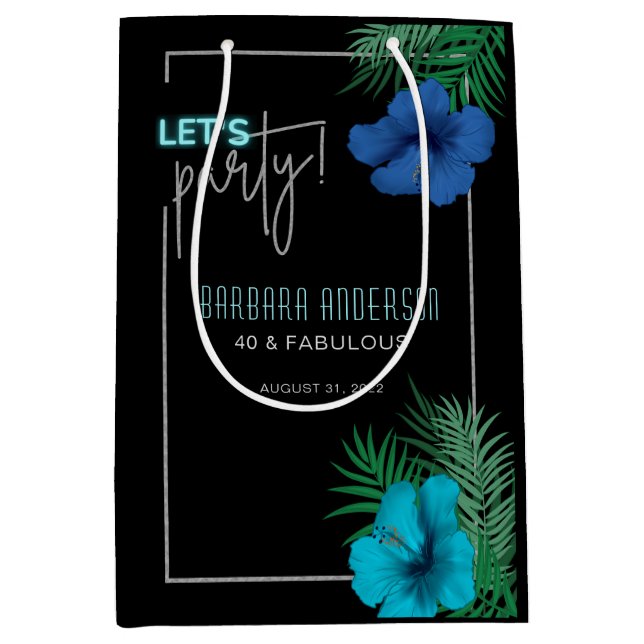 Let's Party Black Blue Neon Tropical 40th Birthday Medium Gift Bag (Front)