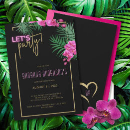 Let's Party Black Gold Neon Tropical 40th Birthday Invitation