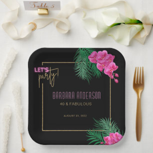 Let's Party Black Gold Neon Tropical 40th Birthday Paper Plate