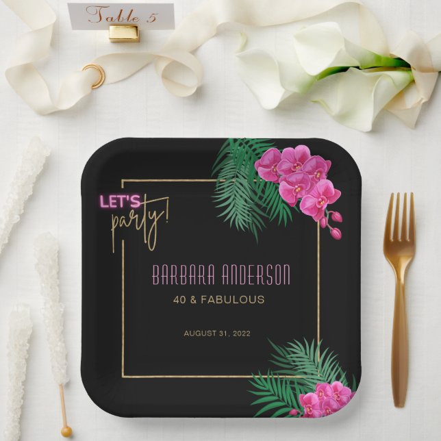 Let's Party Black Gold Neon Tropical 40th Birthday Paper Plate (Wedding)