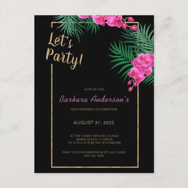 Let's Party Black Gold Tropical 40th Birthday Invitation Postcard (Front)