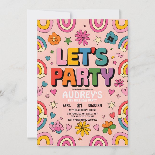 Let's Party Boho Rainbow Pink Retro  Invitation (Front)