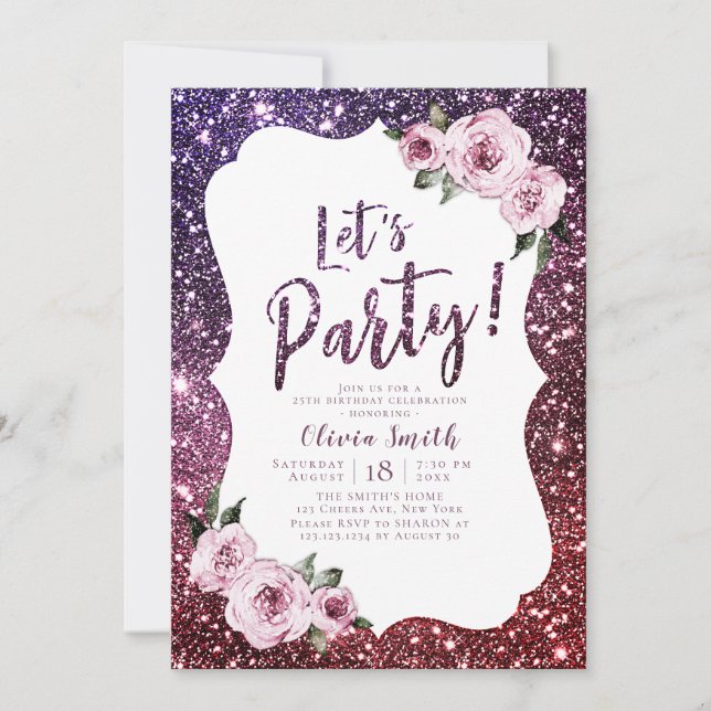 Let's party Burgundy purple glitter and floral Invitation (Front)
