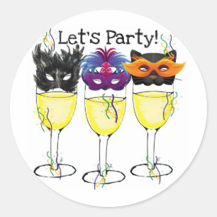 LET'S PARTY! CARNIVAL OR HALLOWEEN MASK WINE GLASS CLASSIC ROUND STICKER