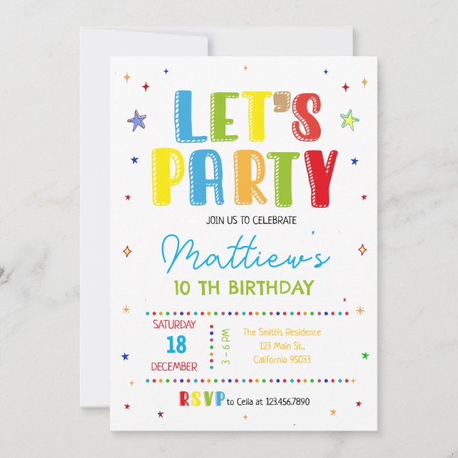 Let's party colorful birthday party invitation (Front)