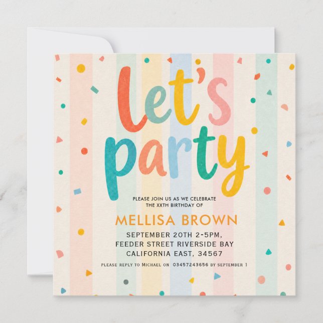  lets party colourful rainbow birthday invitatioin invitation (Front)