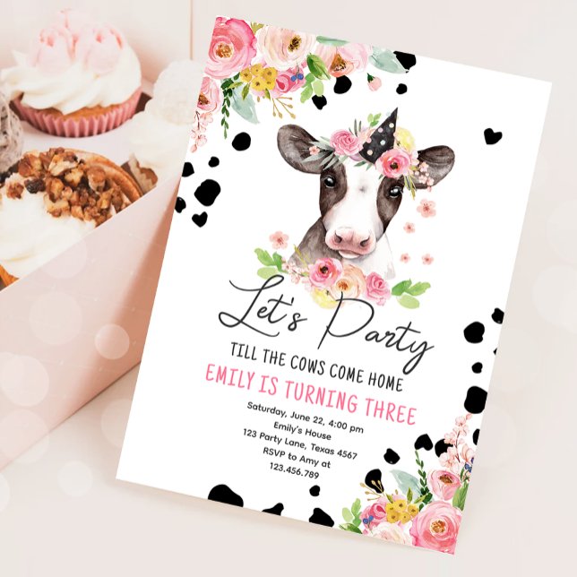 Let's Party Cow Floral Girl Farm Animals Birthday  Invitation (Creator Uploaded)