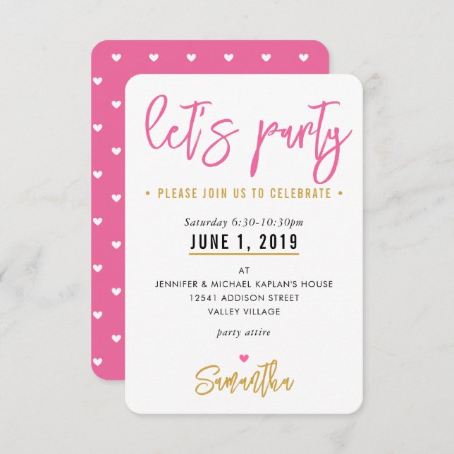 LET'S PARTY cute pretty pink white hearts gold RSVP Card (Front/Back)