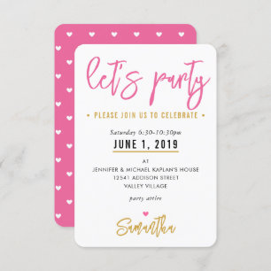 LET'S PARTY cute pretty pink white hearts gold RSVP Card