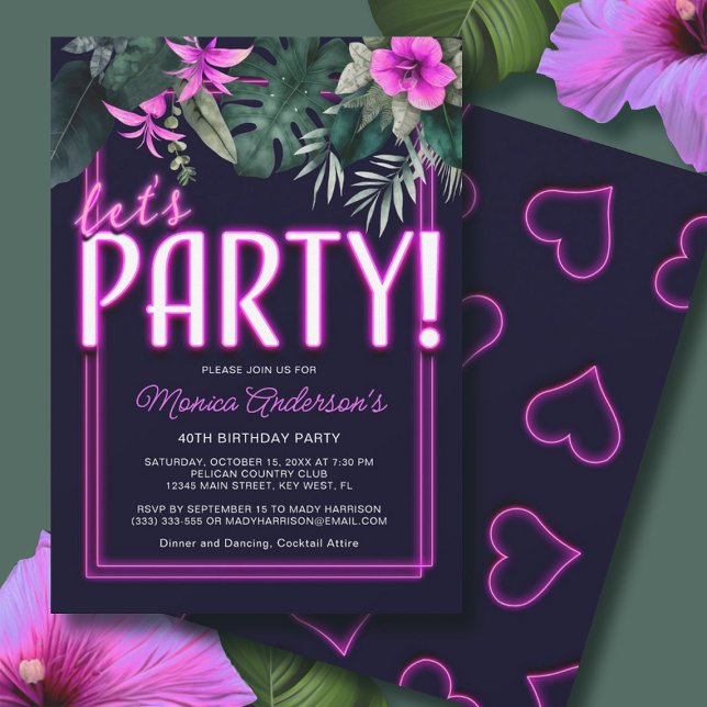 Let's Party Electric Pink Neon Tropical Birthday Invitation (Let's Party Electric Pink Neon Tropical Birthday Invitation)
