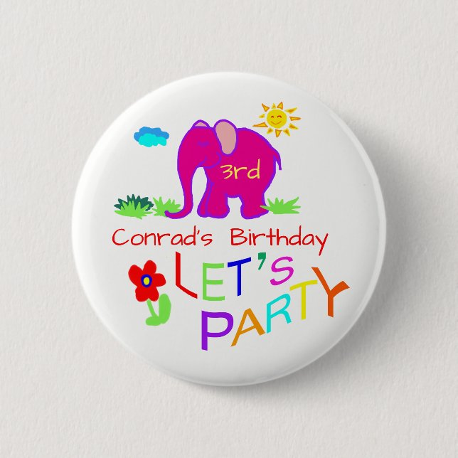 Let's Party Elephant Colourful Name & Age Birthday 6 Cm Round Badge (Front)