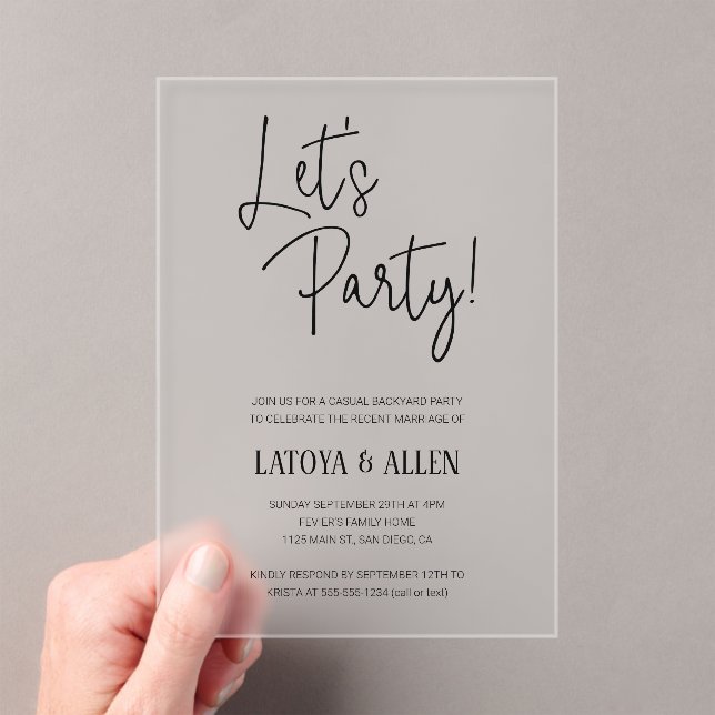 Let's Party Elopement Casual Wedding Reception Acrylic Invitations (Insitu (Handheld))