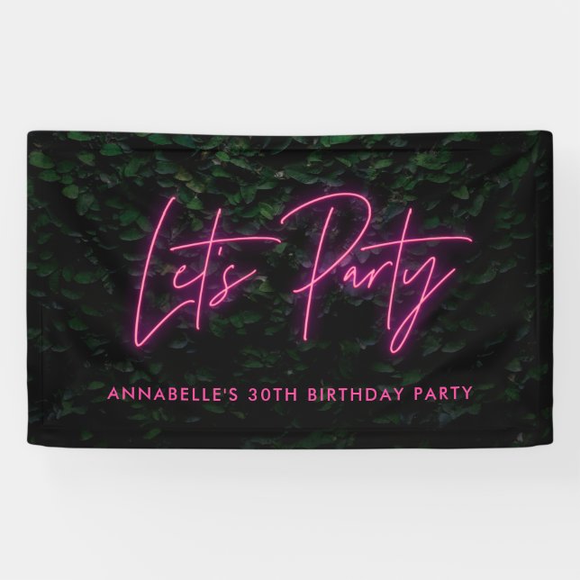 Lets party foliage wall neon pink funky birthday banner (Horizontal)