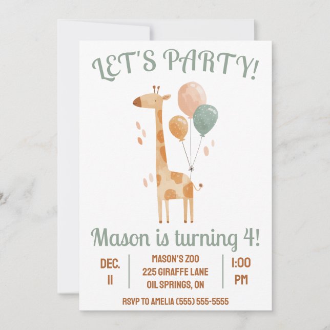 Let's Party! Giraffe with Balloons Birthday Party Invitation (Front)