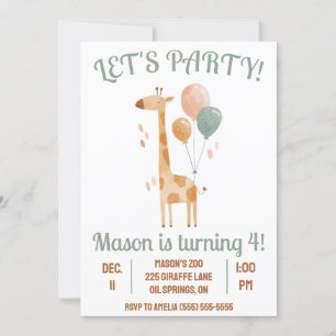 Let's Party! Giraffe with Balloons Birthday Party Invitation