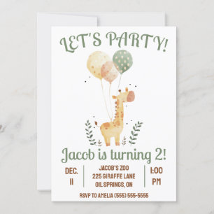 Let's Party! Giraffe with Balloons Birthday Party Invitation
