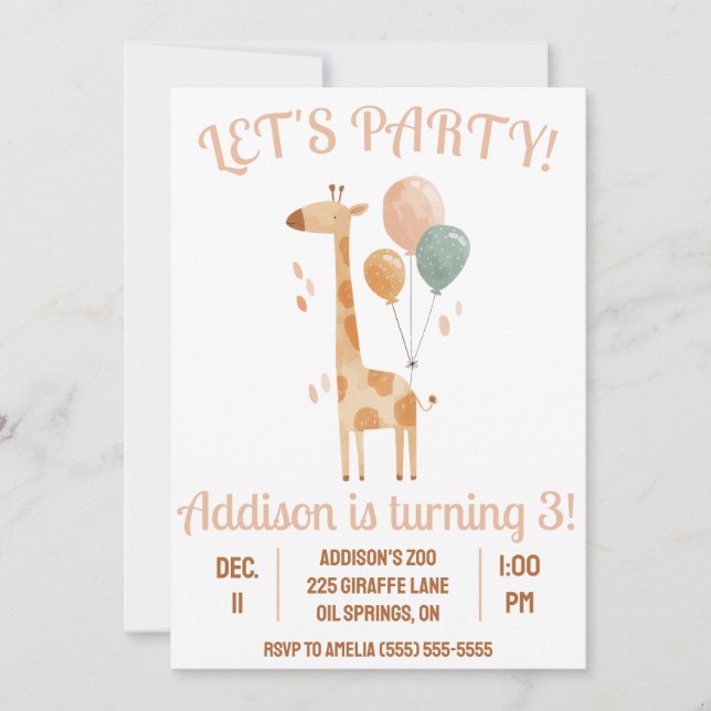 Let's Party! Giraffe with Balloons Birthday Party Invitation (Front)