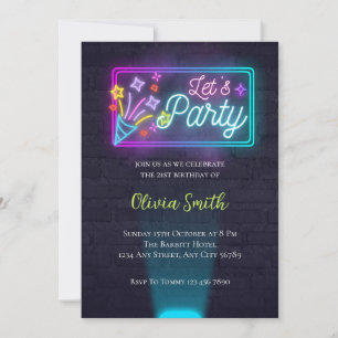 Let's Party   Glow Party   Neon Light Birthday Invitation
