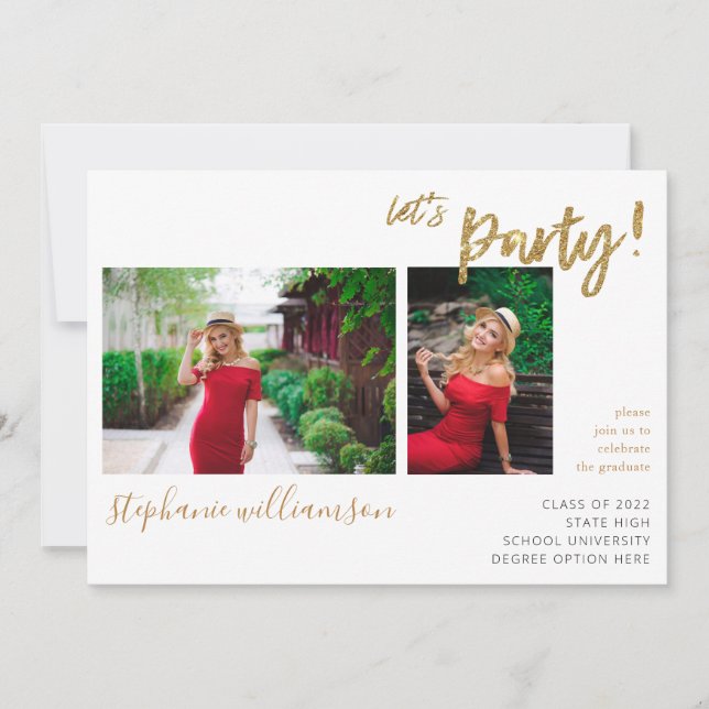 Let's Party - Gold 2 Photo Graduation Party Invitation (Front)