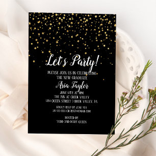 Let's Party Gold Confetti on Black Graduation Invitation